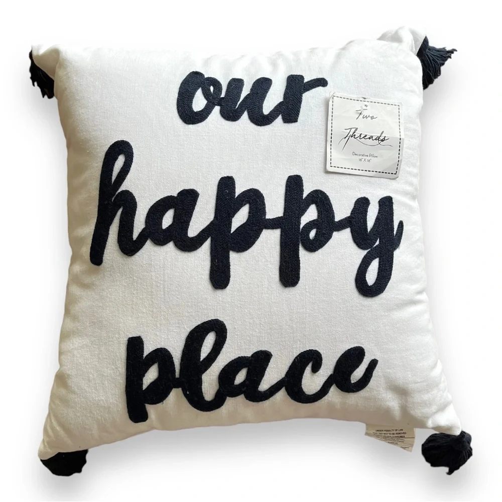Our Happy Place 18” x 18” Decorative Throw Pillow by Two Threads in White & Navy